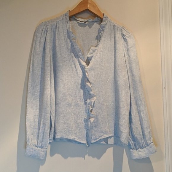 Blue white polka dot ruffled blouse - Picture 3 of 5